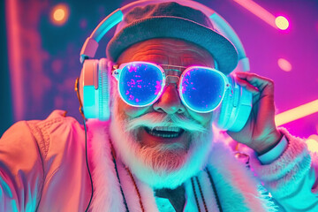 Grandpa listens to music. Cool grandfather wearing headphones listening music. generative ai. Forever young elderly hipster man enjoys a favourite song