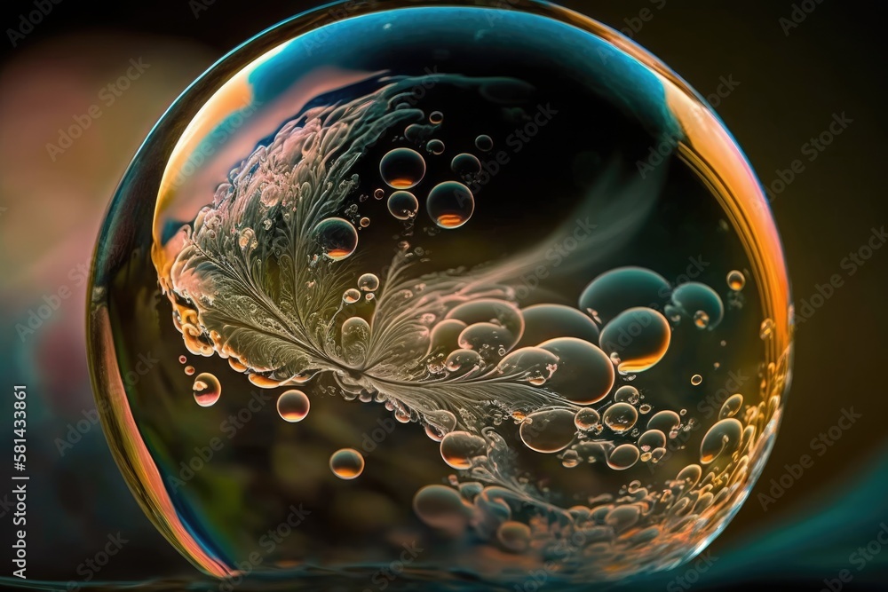 Poster detail of a soap bubble in macro photography. generative ai