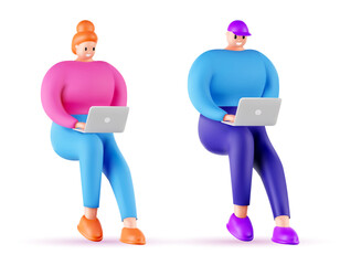 3d vector cartoon character with computer.