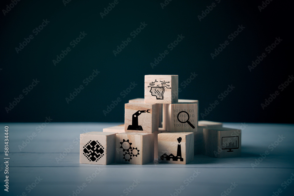 Poster background concept wood block with ai artificial intelligence technology, machine learning, brain di