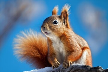 animals found in nature. Amazing picture of a lovely American red squirrel perched high on a branch with a huge, fluffy tail. Animal against a backdrop of a blue sky on a sunny winter day. a close up