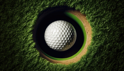 Illustration of a golf ball inside golf hole  created with Generative AI technology - obrazy, fototapety, plakaty