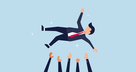 4k Job promotion celebration animation, winning prize, and success in work. joyful company colleagues throwing their happy boss into the air celebrating team success.