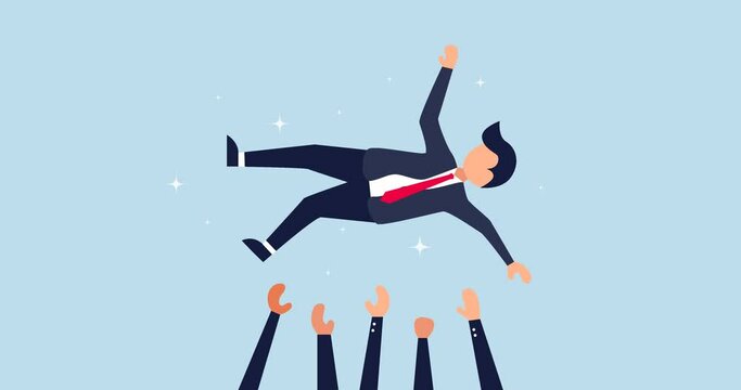 4k Job promotion celebration animation, winning prize, and success in work. joyful company colleagues throwing their happy boss into the air celebrating team success.