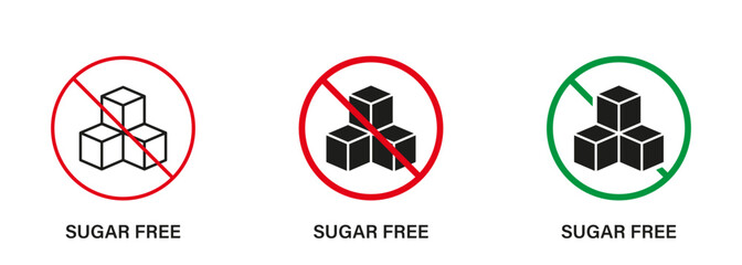 Sugar Free Silhouette and Line Icon Set. Food No Added Sugar with Stop Sign. Glucose Forbidden Symbol. Zero Glucose Guarantee Logo. No Sugar for Diabetic Product Label. Isolated Vector Illustration