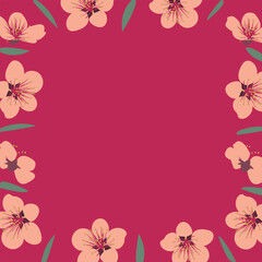 Fototapeta premium Background of blooming pink flowers and green leaves. Vector illustration