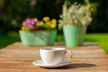 Fototapeta na wymiar white mug with hot drink on wooden table in garden on sunny day