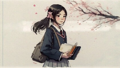 桜の木の下で本を持って歩いている女子学生 Generative AI