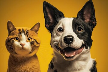 On an empty yellow background, a smiling dog and cat are shown. Generative AI