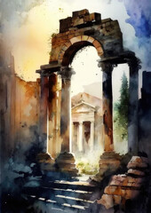 Roman ruins, ancient columns with arches, watercolor painting, created with Generative AI technology.