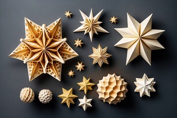Christmas star decorations collection for mock up template design. View from above. Flat lay. Generative AI