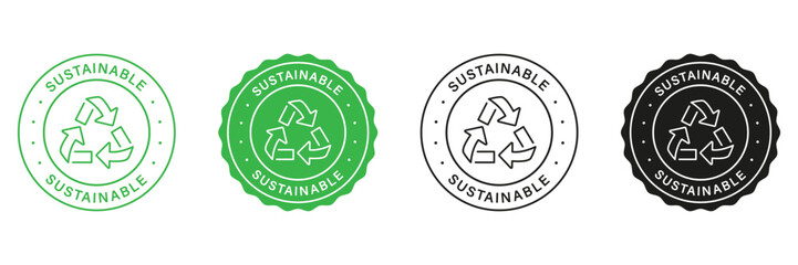 Sustainable Green and Black Stamp Set. Label For Sustainable Renewables. Environmental Stickers. Arrow Sustainable Icons. Zero Waste Sign, Biodegradable Food Sticker. Isolated Vector Illustration