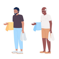 Men collecting dirty clothes for laundry semi flat color vector characters set. Editable full body people on white. Simple cartoon style spot illustration pack for web graphic design and animation