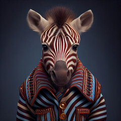 Realistic lifelike, cute zebra in striking, colorful, animal, outfit suit, commercial Generative AI