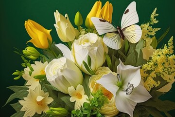 Beautiful flower bouquet with white lilies, yellow tulips, and a butterfly in close up on a natural green yellow background. Elegant, refined image of nature's beauty. Generative AI