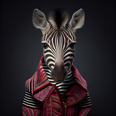 Realistic lifelike, cute zebra in striking, colorful, animal, outfit suit, commercial Generative AI