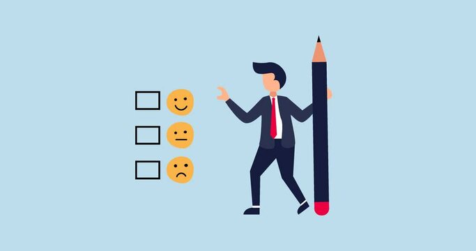 4k Customer rating animation, man holding pencil thinking about experience and giving rating on questionnaire with happy, neutral and angry faces.