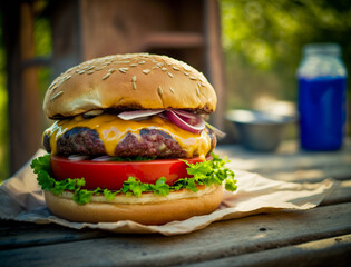 An enticing shot of a burger being assembled, with the bun, patty, cheese, lettuce, and tomato all...