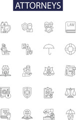 Attorneys line vector icons and signs. solicitor, counsel, barrister, attorney, advocate, litigator, practitioner, pleader outline vector illustration set