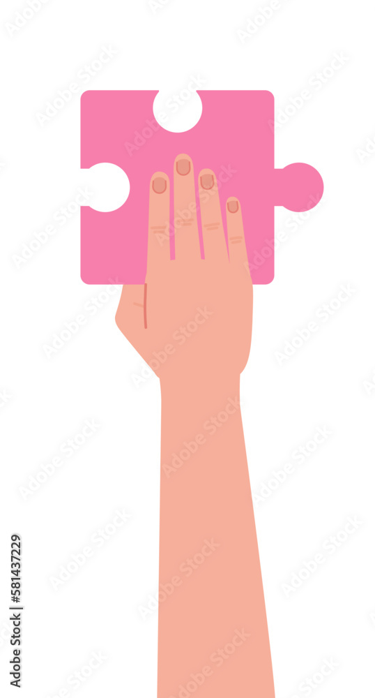 Poster holding puzzle piece semi flat color vector character hand. solving jigsaw game. editable person arm