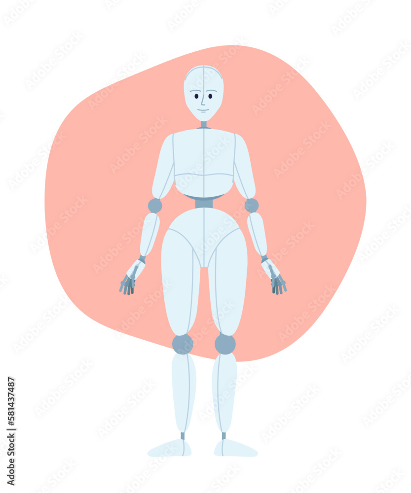 Poster humanoid robot 2d vector isolated spot illustration. human-like body structure. robotics science. fl
