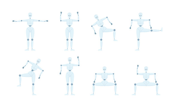 Humanoid robot dance movements semi flat color vector character bundle. Editable full body figures on white. Simple cartoon style spot illustration pack for web graphic design and animation