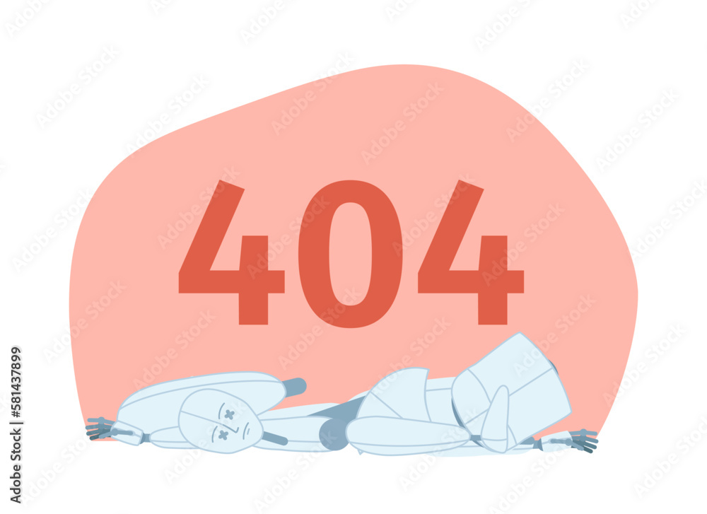 Poster defective broken robot vector empty state illustration. editable 404 not found page for ux, ui desig