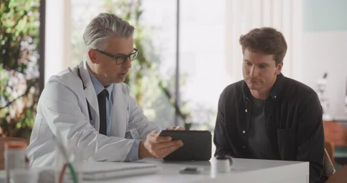 Doctor with Stylish Gray Hair Showing Analysis Results on Tablet Computer to a Healthy Young Man During Visit to a Health Clinic. Physician Working Behind a Desk in Hospital Office