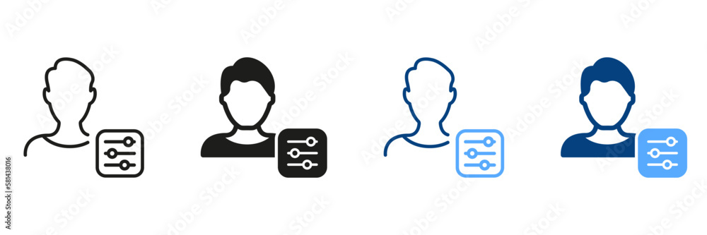 Poster profile user settings black and color pictogram. account settings line and silhouette icon set. cont