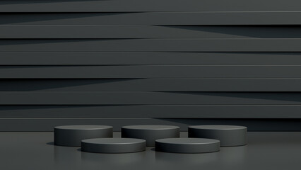 Round black podium in a black empty room with abstract background. Abstract rendering of a 3d shape for the presentation of cosmetic products