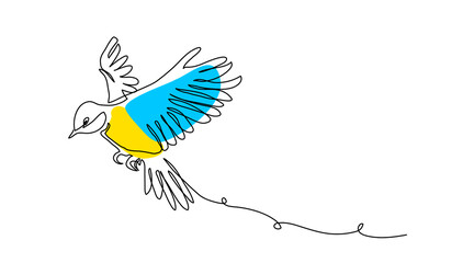 Great tit bird vector pattern in blue and yellow colors. One continuous line art drawing of flying great tit