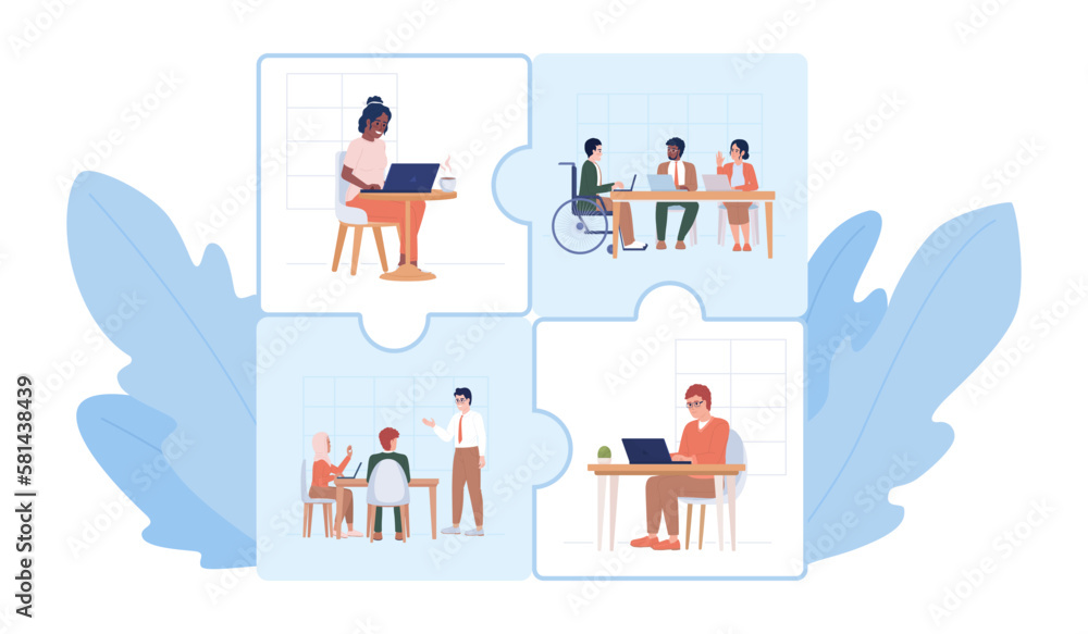 Poster flexibility in teamwork flat concept vector spot illustration. editable 2d cartoon characters on whi