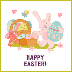 Happy Easter card design mockup flat vector illustration. Easter banner or card design with cute rabbit.
