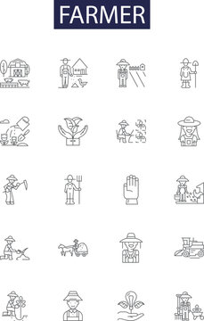 Farmer line vector icons and signs. Agriculturist, Horticulturist, Rancher, Crofter, Tiller, Grower, Agronomist,Plowman outline vector illustration set