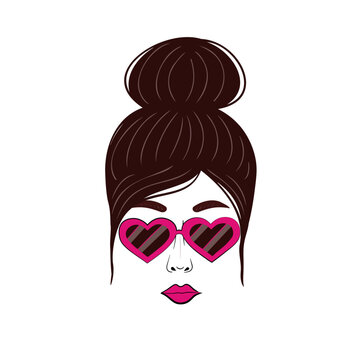 Girl with hair bun and heart sunglasses. Vector Illustration for backgrounds, covers and packaging. Image can be used for greeting cards, posters, stickers and textile. Isolated on white background.