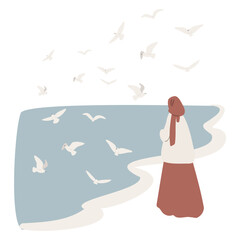 Obraz premium coastal illustration, vector woman on beach digital download clipart, couple flying seagull sea lion clip art, images in flat cartoon style, wedding Invitation.