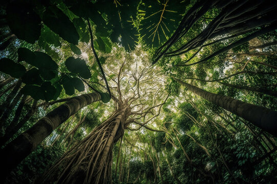 a rainforest canopy, representing the incredible biodiversity and importance of tropical rainforests