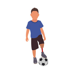 A child and a prosthetic leg. A boy with disabilities plays football. Vector illustration on a white background. 
