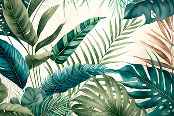 Palm leaves and flowers pattern in modern style, tropical print on white background, botanical design and green colors. Generative AI.