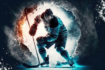 Plakat success in professional sports hockey player scoring puck in gate of ice hockey, generative ai, created with generative ai