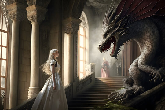 Fantasy princess and beautiful dragon in the castle. Neural network AI generated art