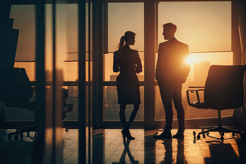 Generative AI Illustration of a business executive couple by a large window in the office at sunset taking a break from work - obrazy, fototapety, plakaty