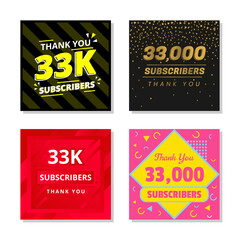 Thank you 33k subscribers set template vector. 33000 subscribers. 33k subscribers colorful design vector. thank you thirty three thousand subscribers