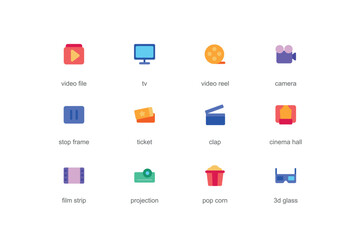 Cinema concept of web icons set in color flat design. Pack of video file, tv, camera, stop frame, ticket, clap, film strip, projection, popcorn, 3d glasses and other. Vector pictograms for mobile app