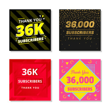 Thank you 36k subscribers set template vector. 36000 subscribers. 36k subscribers colorful design vector. thank you thirty six thousand subscribers