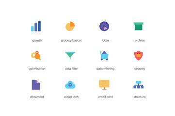 Data analysis concept of web icons set in color flat design. Pack of growth, grocery basket, focus, archive, optimization, security, document, cloud tech and other. Vector pictograms for mobile app