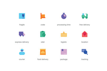 Delivery concept of web icons set in color flat design. Pack of fragile, crate, processing time, tracking, order, logistic, location, courier, package and other. Vector pictograms for mobile app