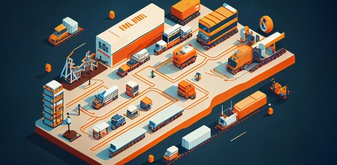Logistic warehouse with truck transportation forklift and manual robotic staff isometric illustration. Commercial storehouse cargo pallet with machinery distribution. Ai generative illustration. 