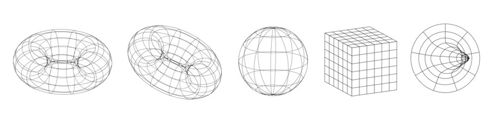 Modern linear geometric shapes in 3D projection. 3D Wireframe graphics on an isolated background. Vector Trendy Icons EPS 10