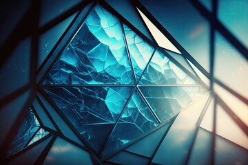 Double exposure image of surfaces from an abstract building. ceiling and walls. Blue interior part from the future. Geometric background structure with several facets, such as a polyhedron or triangle - obrazy, fototapety, plakaty